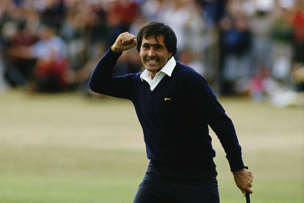 Seve Ballesteros celebrates his winning putt in The Open at St Andrews in 1984